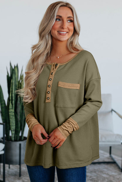 Dark Khaki Color Block Waffle Textured Tunic Henley Top with Slits