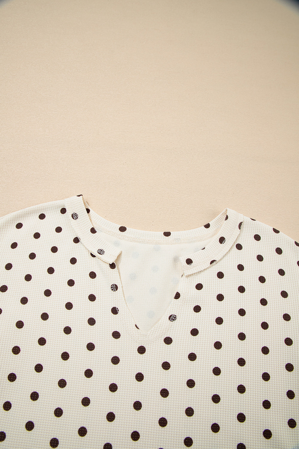 White Polka Dot Print Notched Neck Long Sleeve Top Drawstring Jogger Pants Waffle Knit Lounge Set