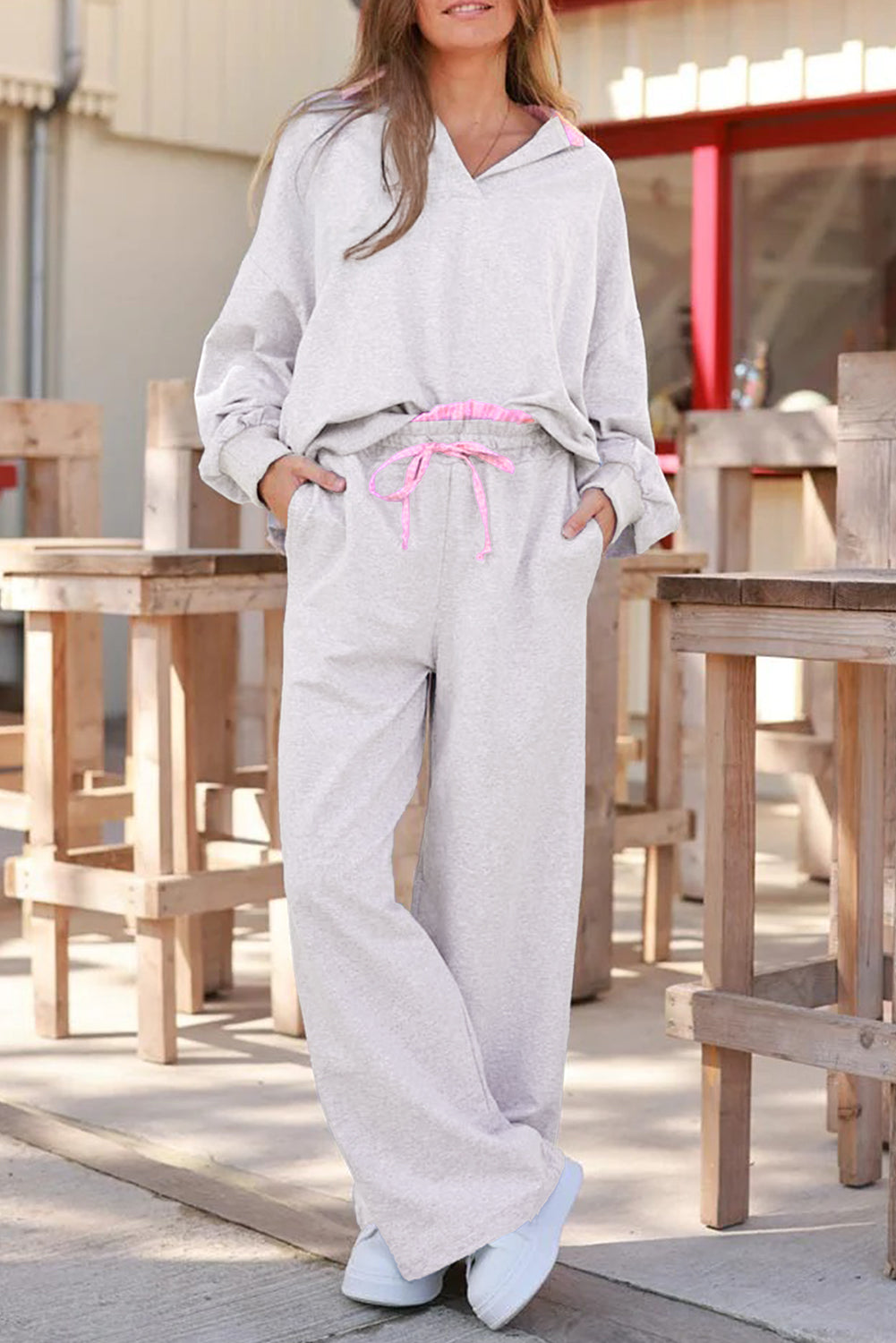 Light Grey 2pcs Contrasted Trim Frilled Collar Drop Shoulder Pullover Drawstring Pant Set