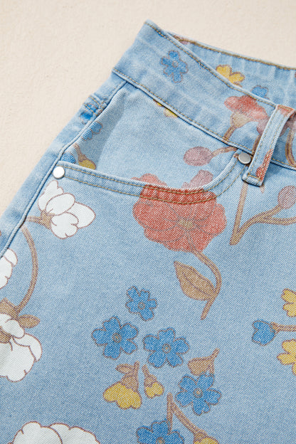 Sky Blue Floral Printed Raw Hem Shift Jeans
