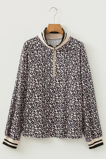Khaki Leopard Print Half Zip up Blouse