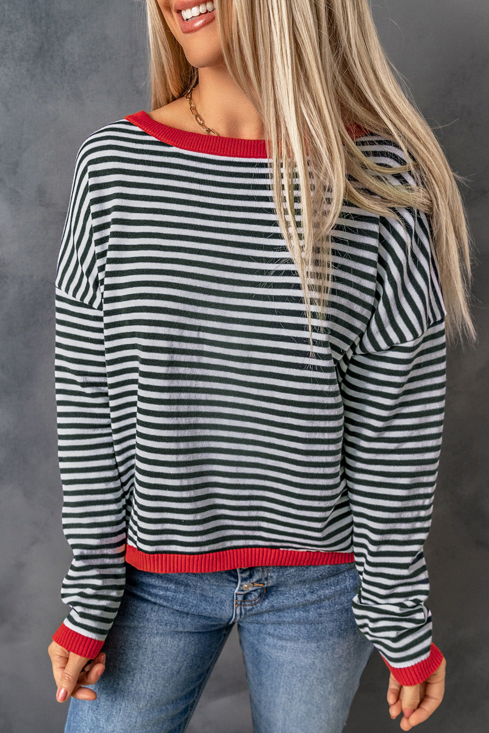 Stripe Striped Contrast Trimmed Drop Shoulder Sweater
