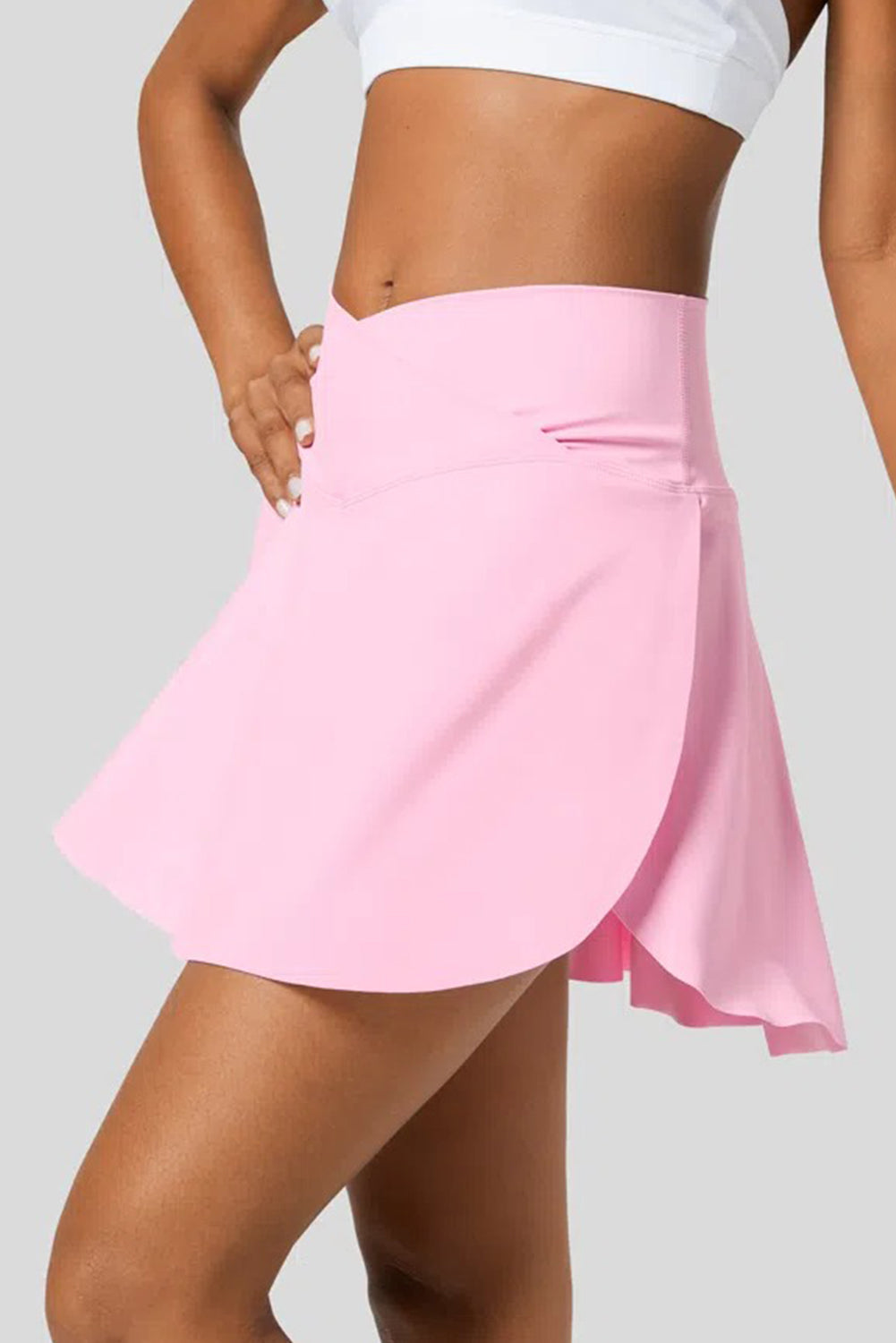 Pink Solid Pocketed Crossover High Waist Swim Skort