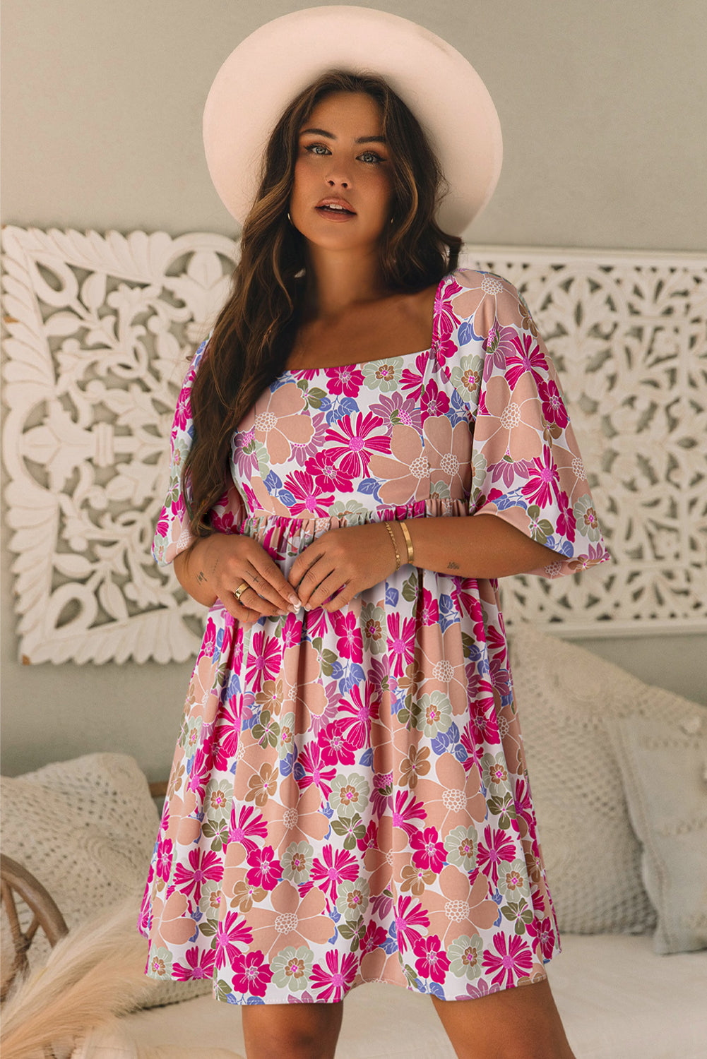 Rose Summer Floral Square Neck Puff Sleeve Babydoll Dress