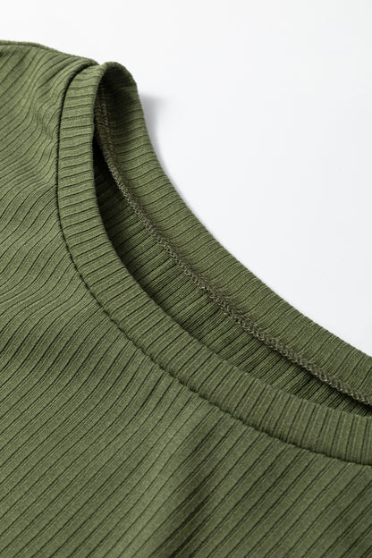 Dusty Pink Solid Color Ribbed Ruffled Short Sleeve T Shirt