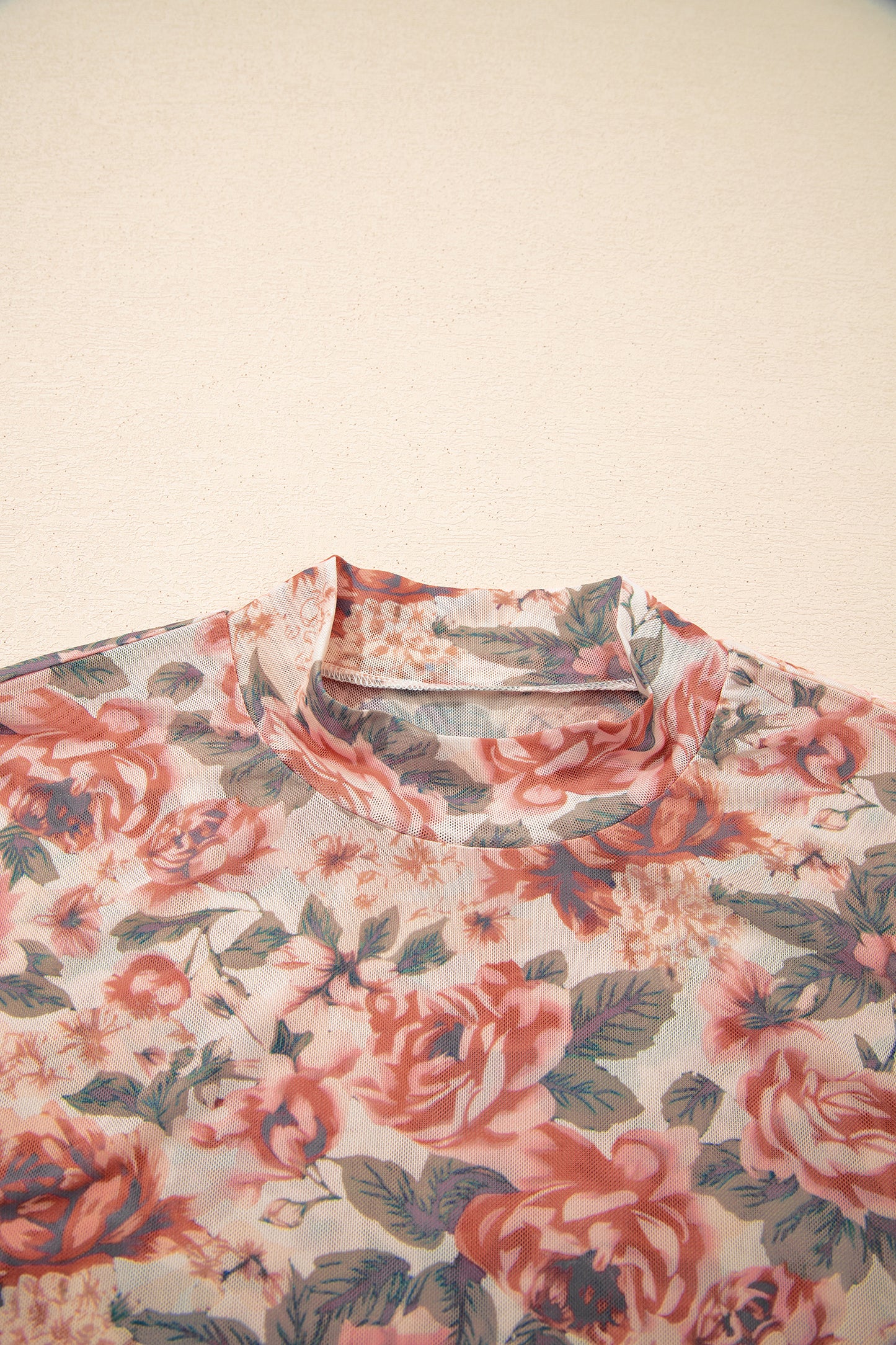 Black Retro Floral Print Mock Neck Mesh Long Sleeve Top