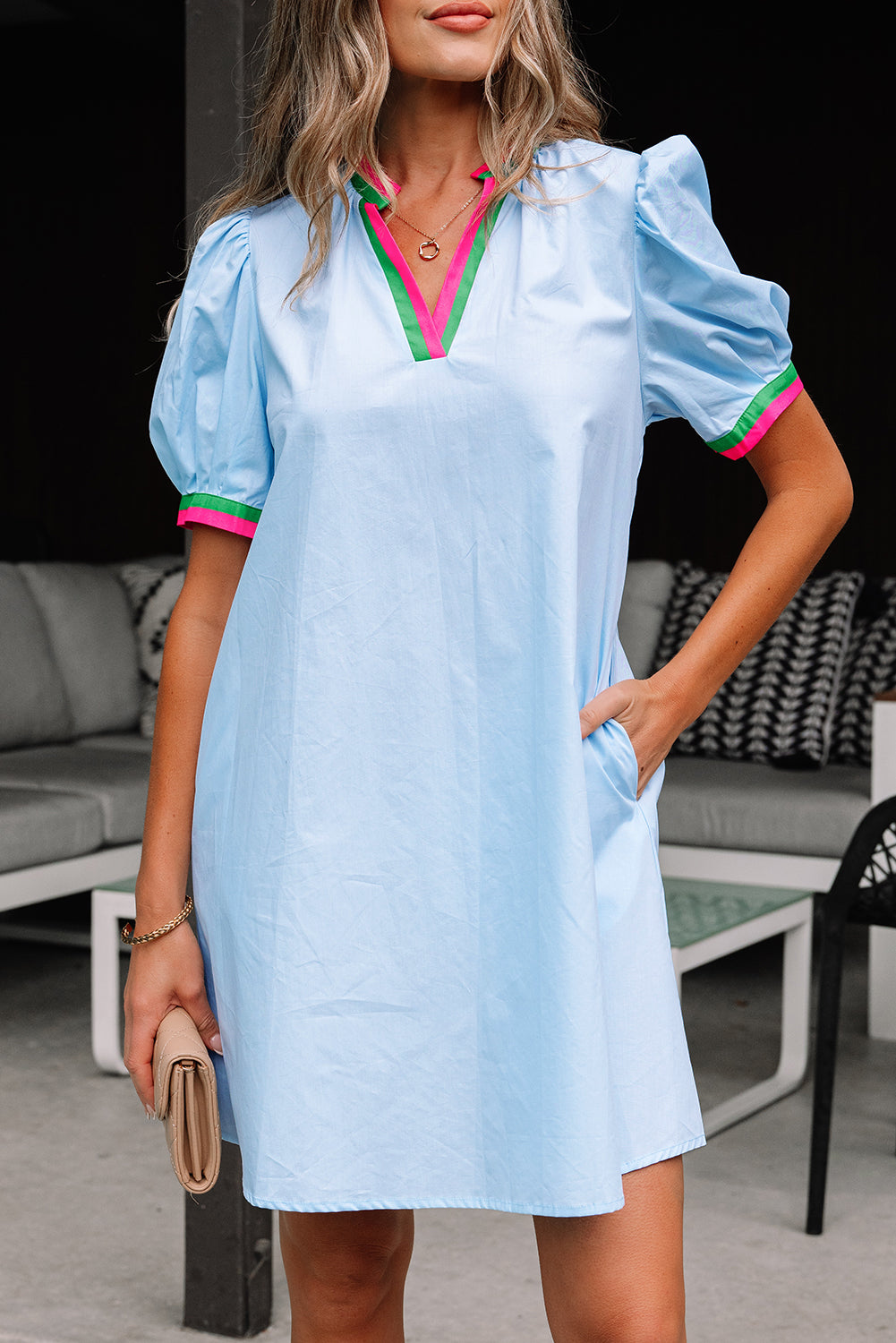 Myosotis Contrast Striped Notched V Neck Puff Sleeve Mini Dress