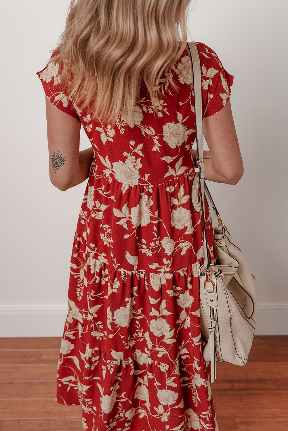 Red Floral Print Buttoned Front V Neck Tiered Short Sleeve Midi Dress