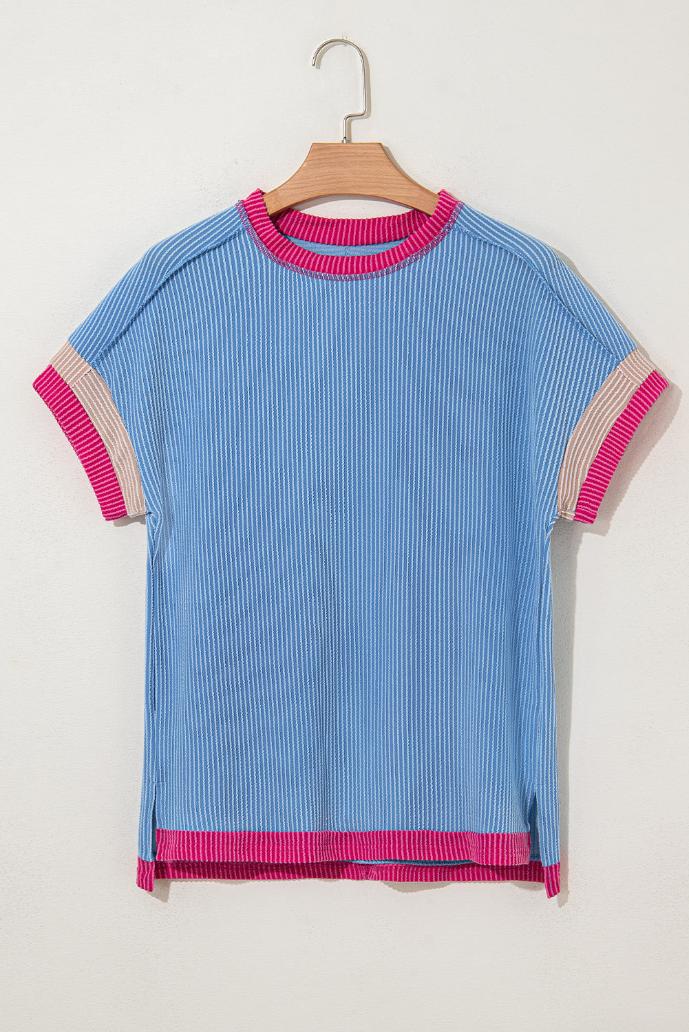 Sky Blue Textured Contrast Trim Round Neck T Shirt
