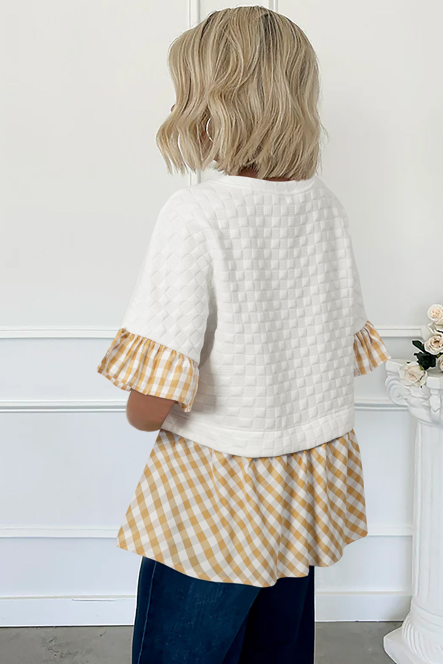 White Textured Checker Contrast Print Ruffled Sleeve Blouse