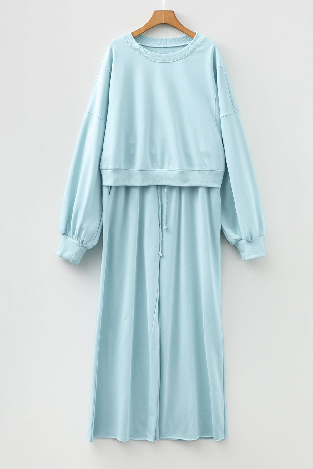 Mist Blue Drop Shoulder Puff Sleeve Crop Pullover Drawstring Wide Leg Pants Set