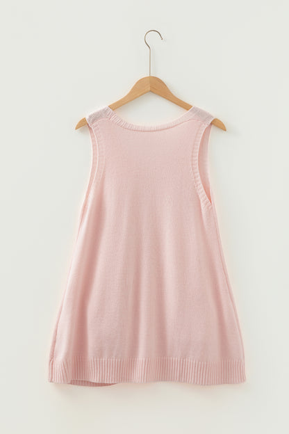 Dark Brown Ribbed Deep V Neckline Front Pocketed Loose Tunic Sweater Vest