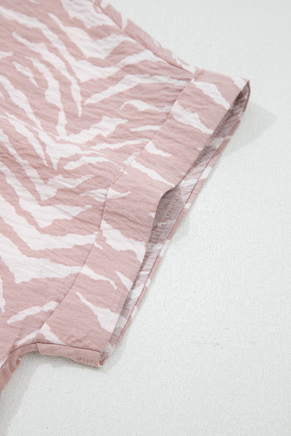 Khaki Abstract Print Cuffed Short Sleeve Loose Top Short Set