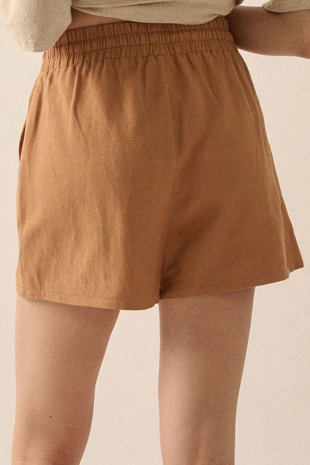 Khaki Embroidered Boho Tasseled Drawstring Elastic Waistband Casual shorts