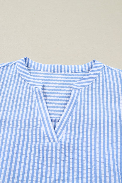 Sky Blue Stripe Seersucker Textured Notched Neck Long Puff Sleeve Tiered Curvy Dress