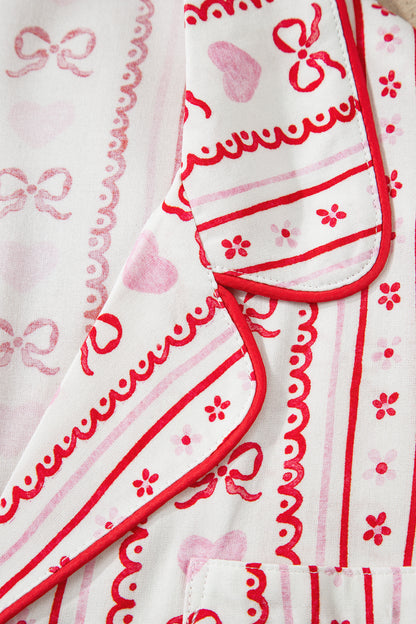 Red Cute Bow Heart Print Ribbon Decor Short 2pcs Pajama Set