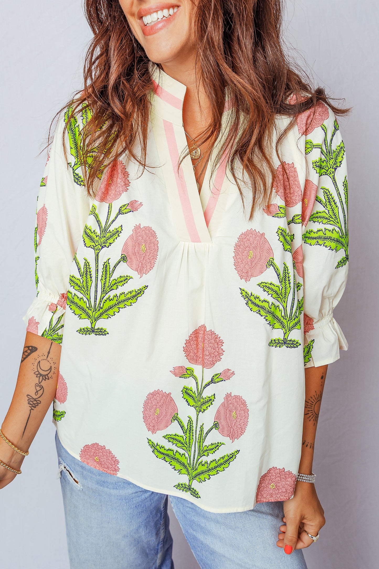 Casual Wild Flower Print V Neck 3/4 Sleeve Blouse