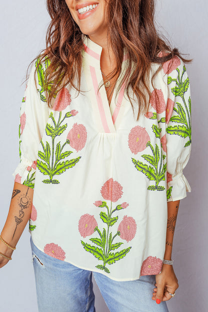 Casual Wild Flower Print V Neck 3/4 Sleeve Blouse