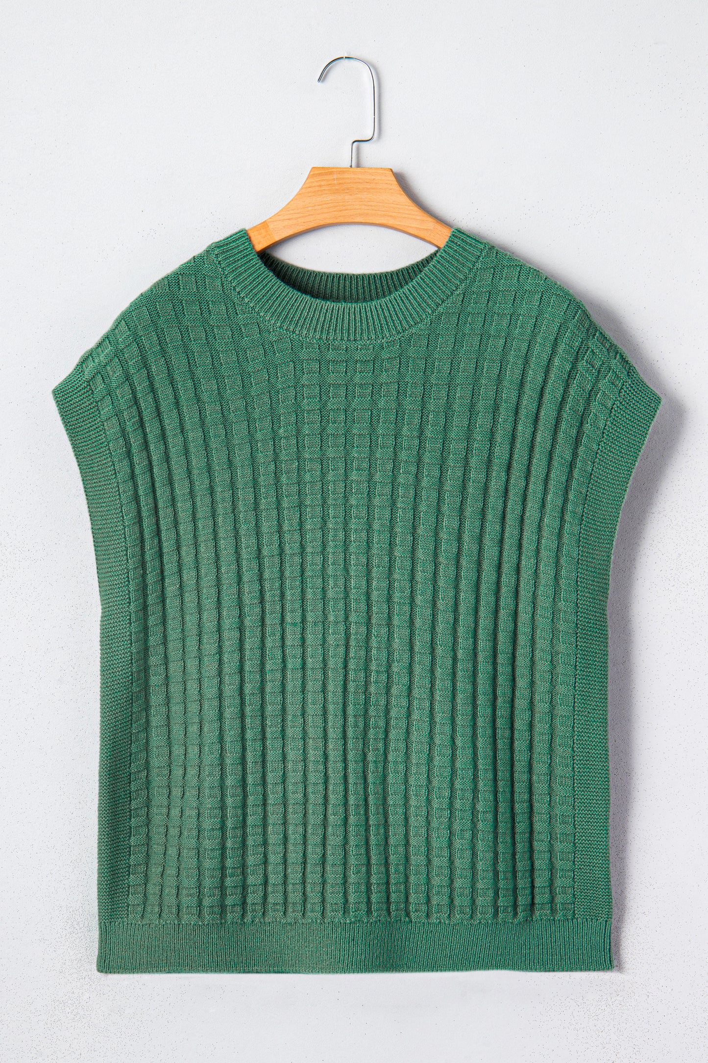Mist Green Solid Color Round Neck Textured Short Sleeve Sweater