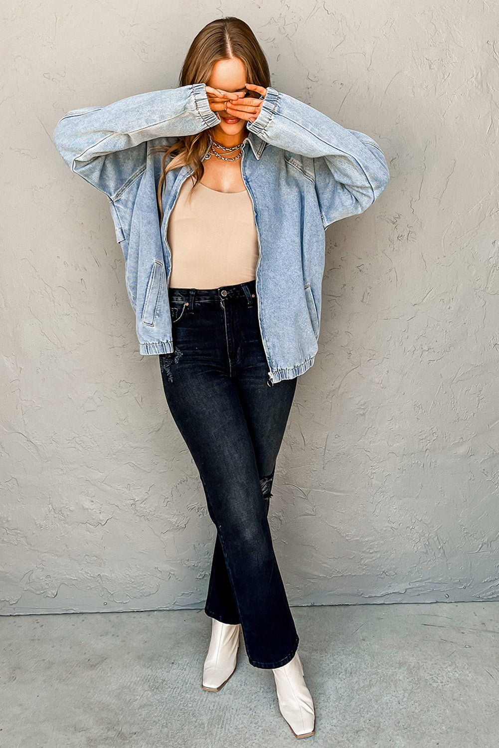 Myosotis Elastic Edge Collared Zip Up Denim Jacket With Pocket