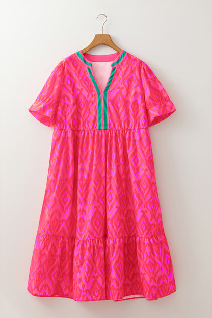 White Allover Print Contrast Split Neckline Short Puff Sleeve Curvy Dress