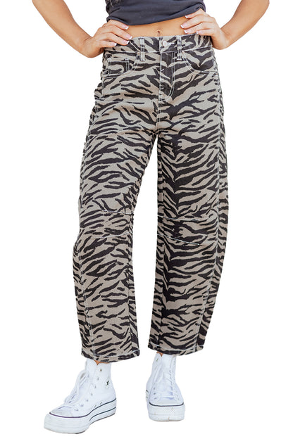 Gray Zebra Stripe Printed Wide Leg Jeans