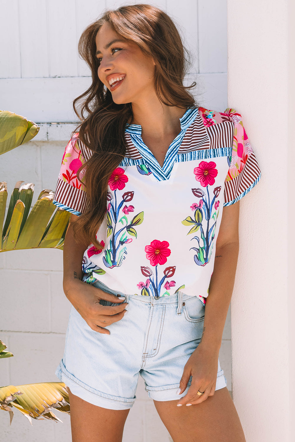Pink Floral Striped Patchwork Short Sleeve Split Neck Blouse