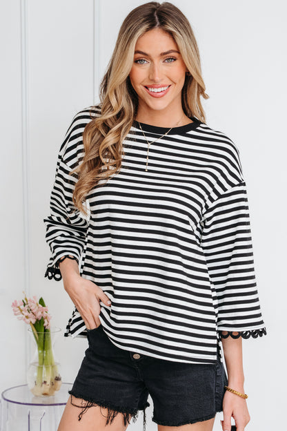 Black Striped Print Drop Shoulder Lace Trim Bracelet Sleeve Loose Top