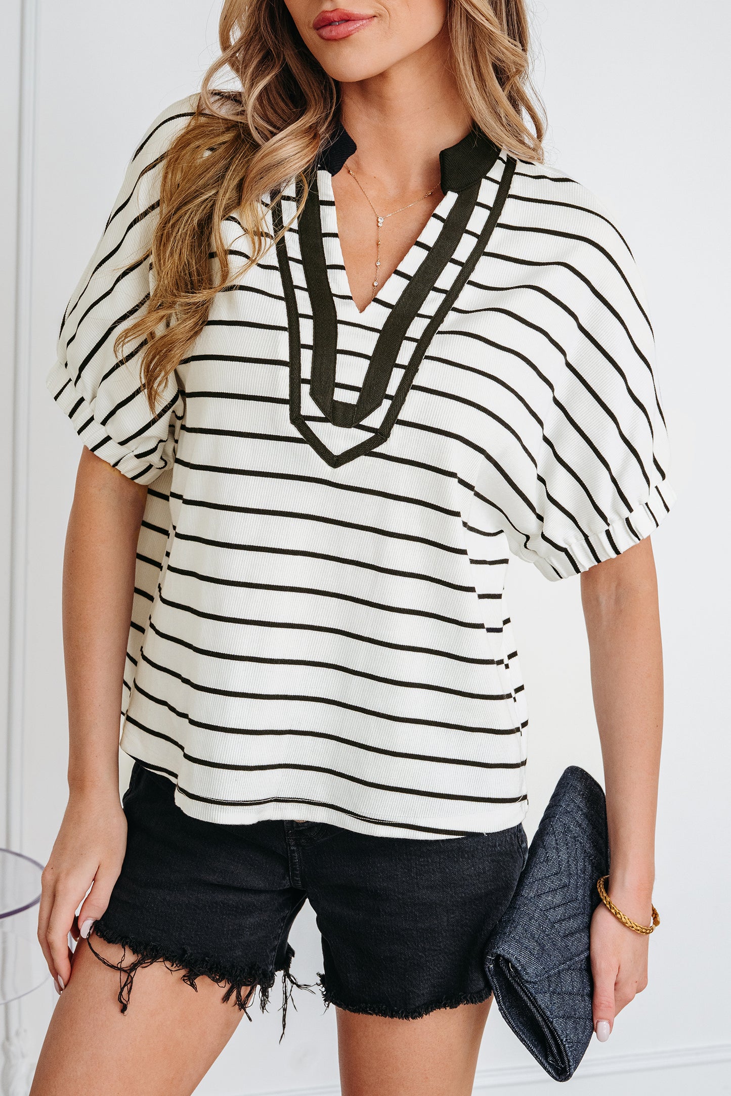 White Stripe Stand Collar V Neck Elastic Cuffs Half Sleeve Dolman Top