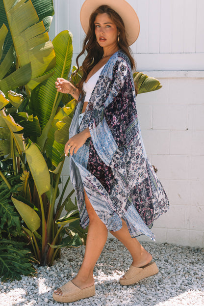 Blue Retro Floral Print Long Loose Open Front Kimono