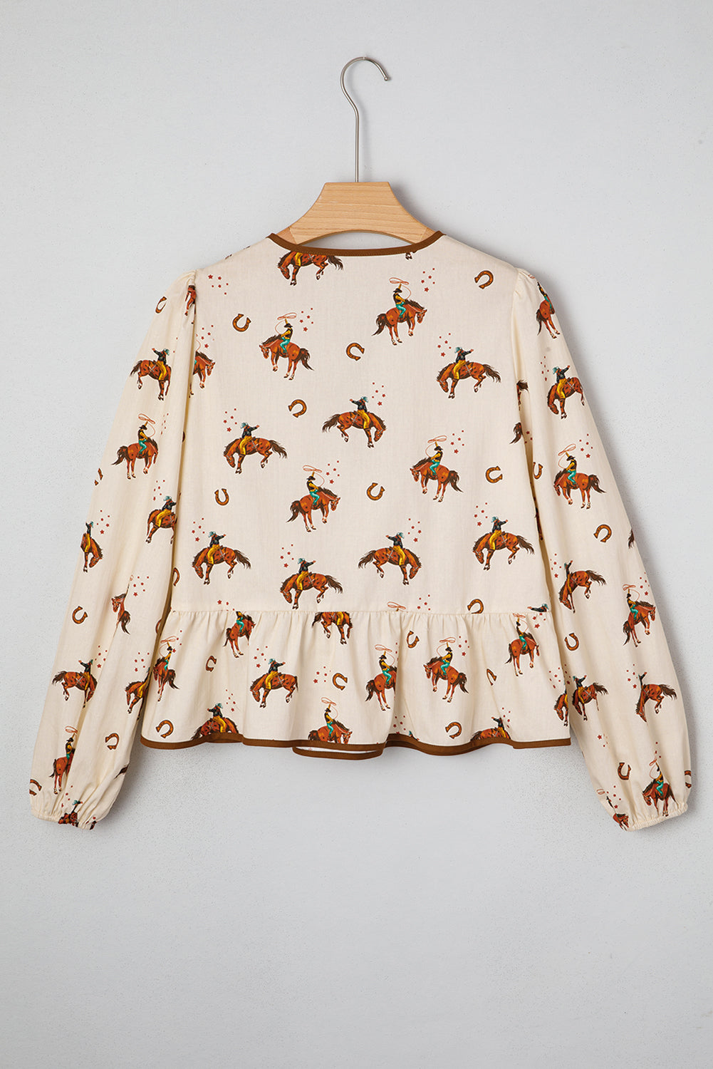 Apricot Western Rodeo Print Tied Front Puff Sleeve Peplum Top