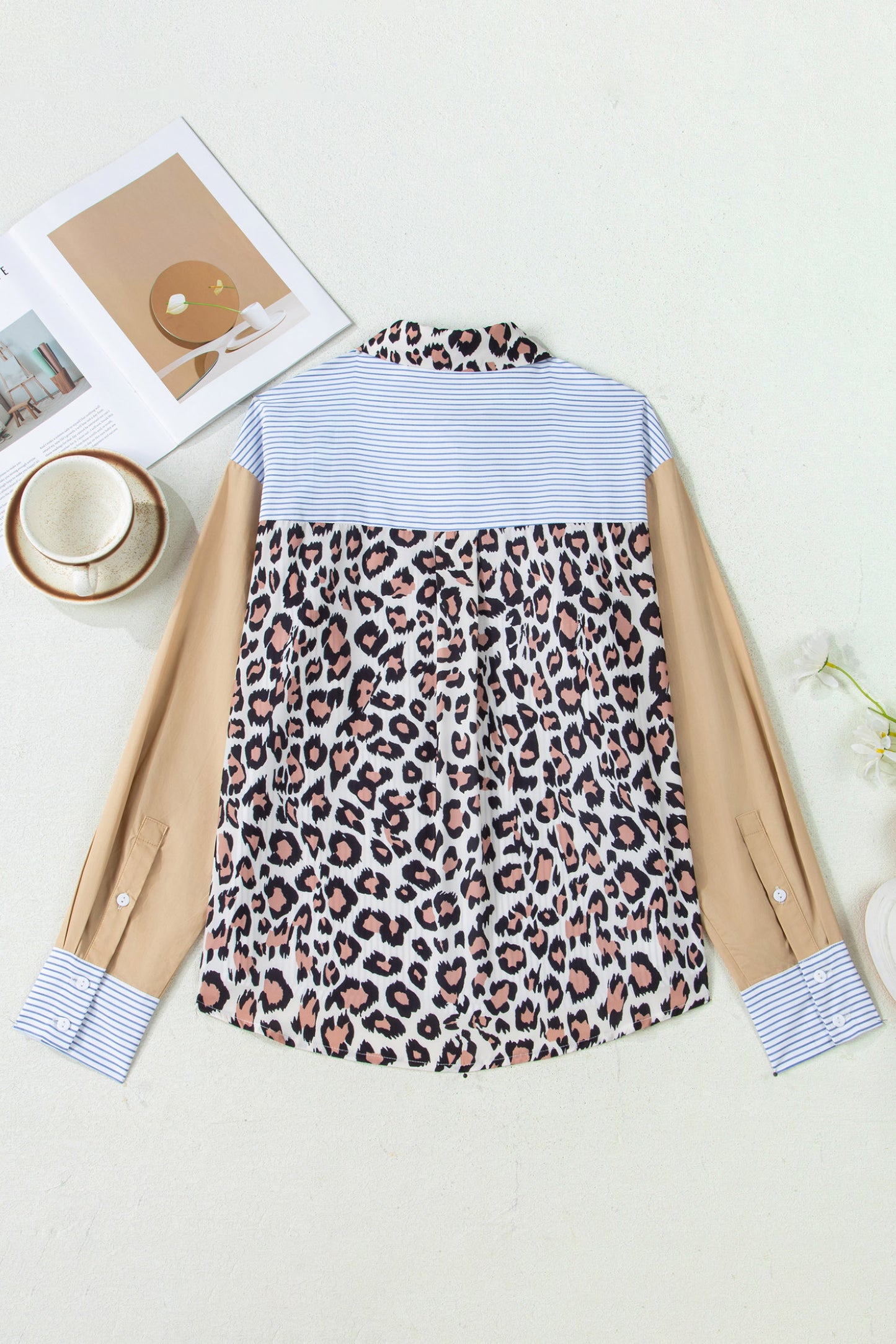 Sky Blue Stripe Colorblock Leopard Patchwork Chest Pocket Cuffed Sleeve Shirt