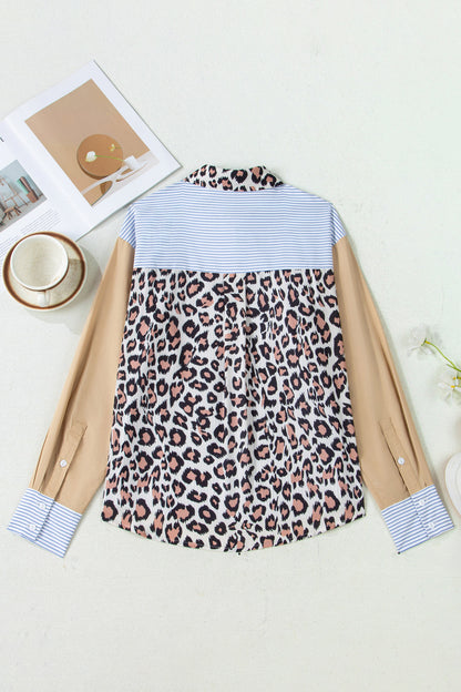 Sky Blue Stripe Colorblock Leopard Patchwork Chest Pocket Cuffed Sleeve Shirt