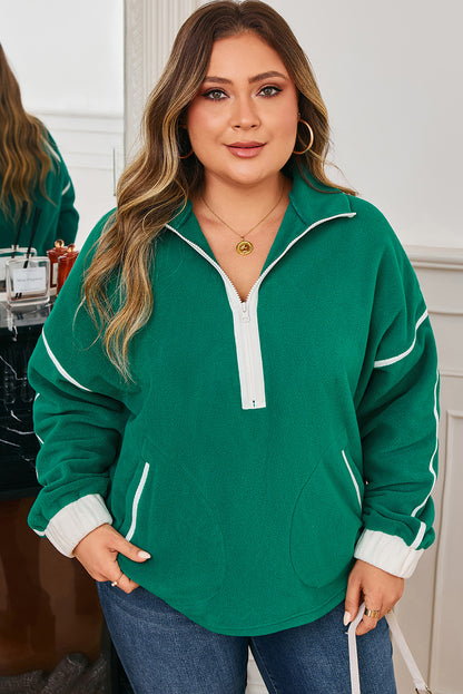 Dark Green Half Zip Contrast Trim Pocketed Plus Size Fleece Sweatshirt