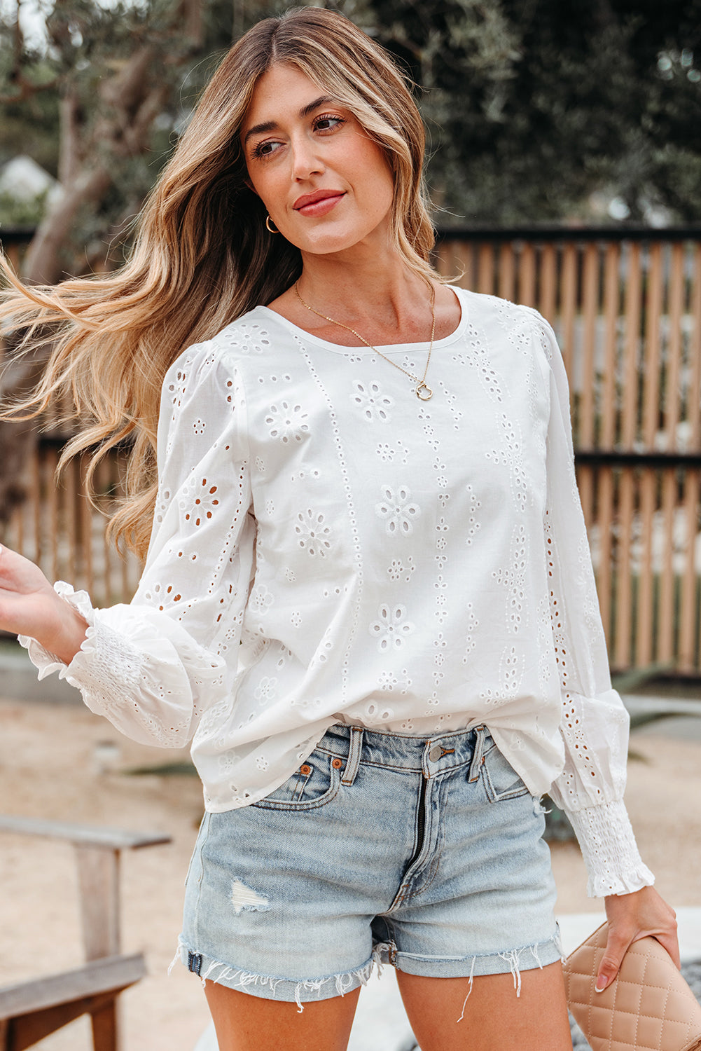 White Eyelet Embroidered Smocked Cuff Sheer Blouse