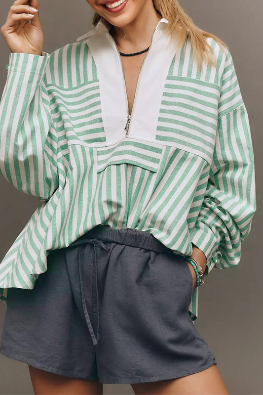 Green Stripe Half Zip Long Sleeve Swing Top