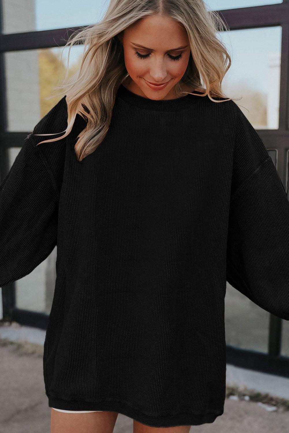 Black Ribbed Corduroy Oversized Sweatshirt