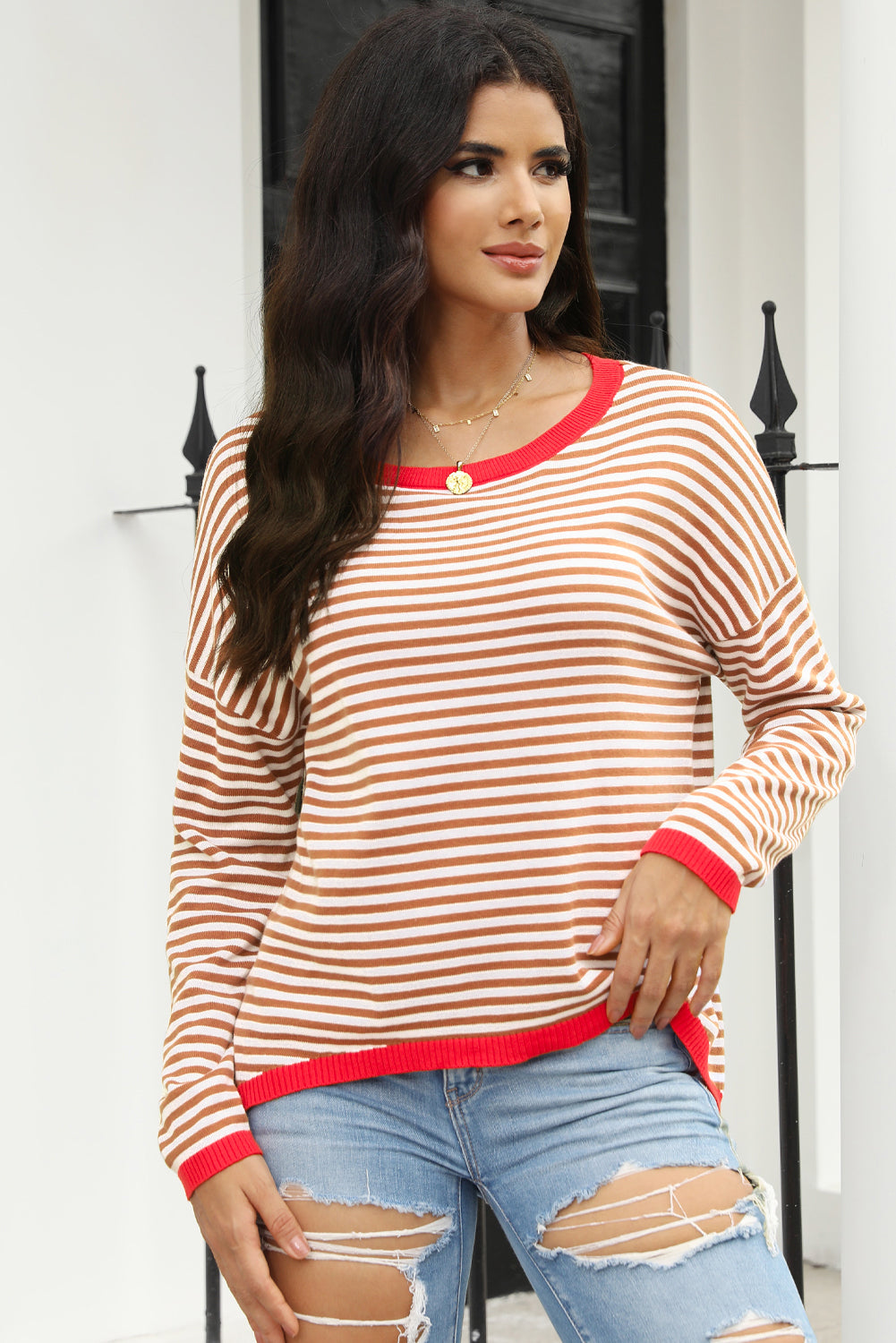 Brown Striped Contrast Trimmed Drop Shoulder Sweater
