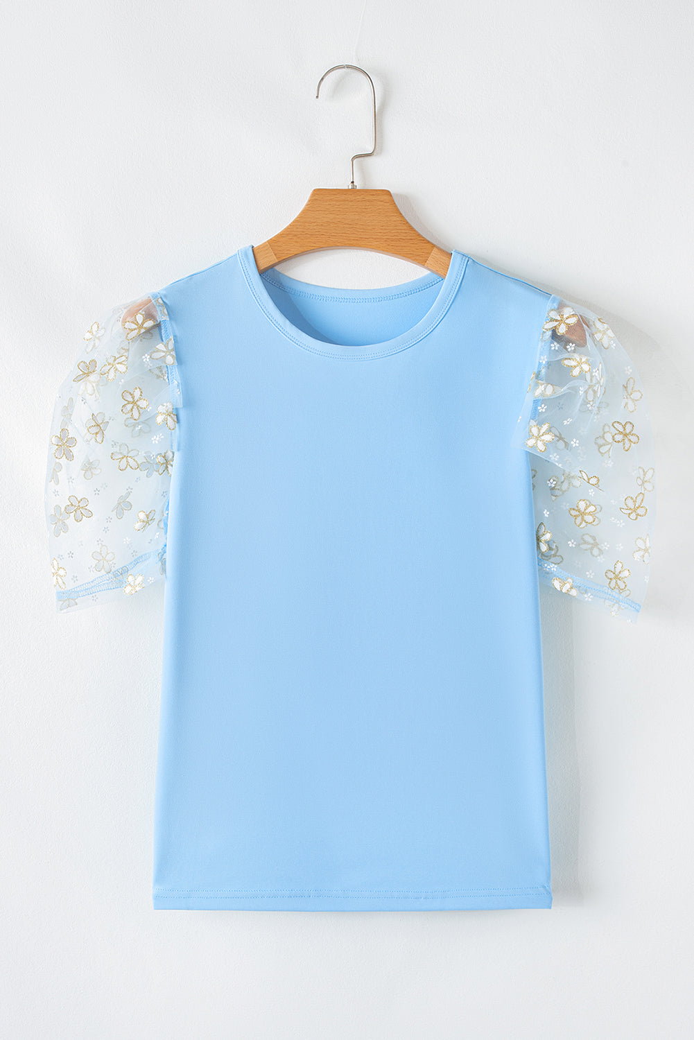 Beau Blue Floral Mesh Puff Sleeve Crew Neck Top