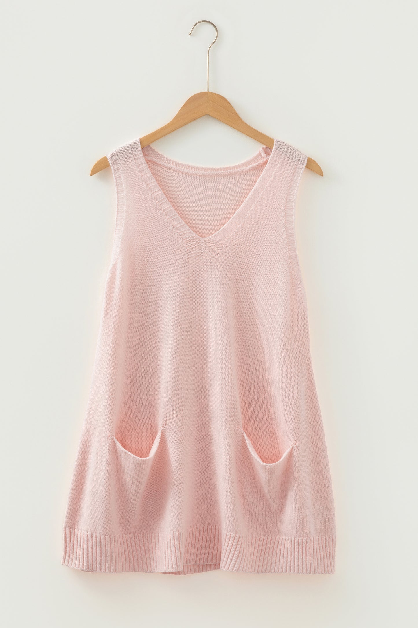 Dark Brown Ribbed Deep V Neckline Front Pocketed Loose Tunic Sweater Vest