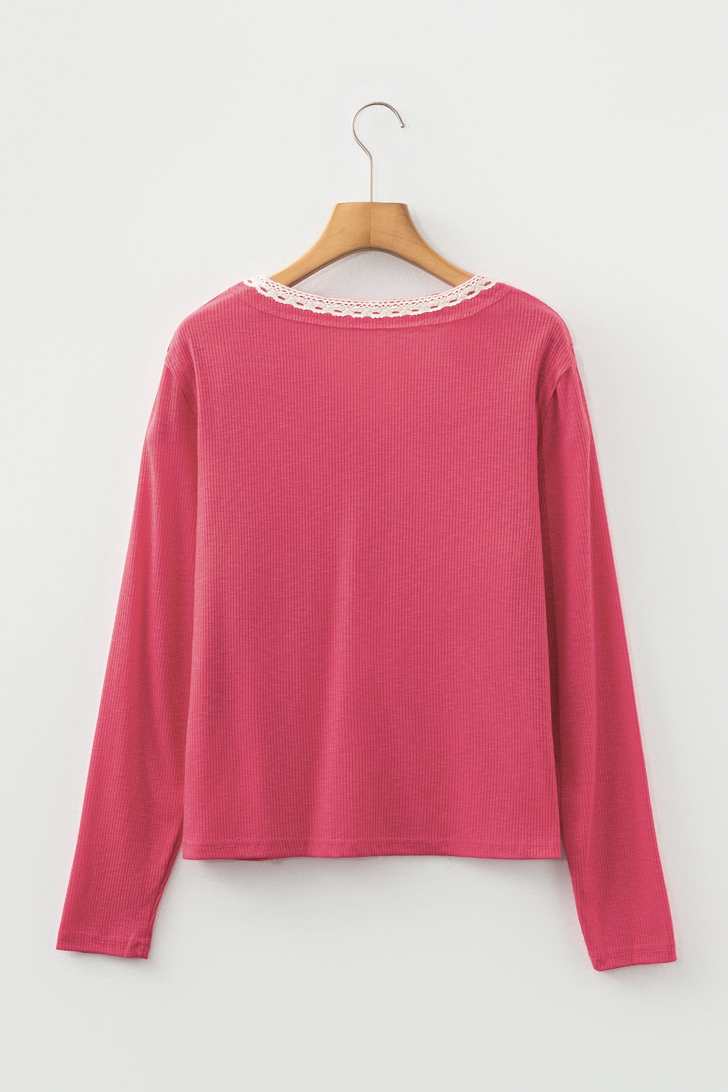 Racing Red Ribbed Texture Contrasted Lace Trim Button V Neck Long Sleeve Top