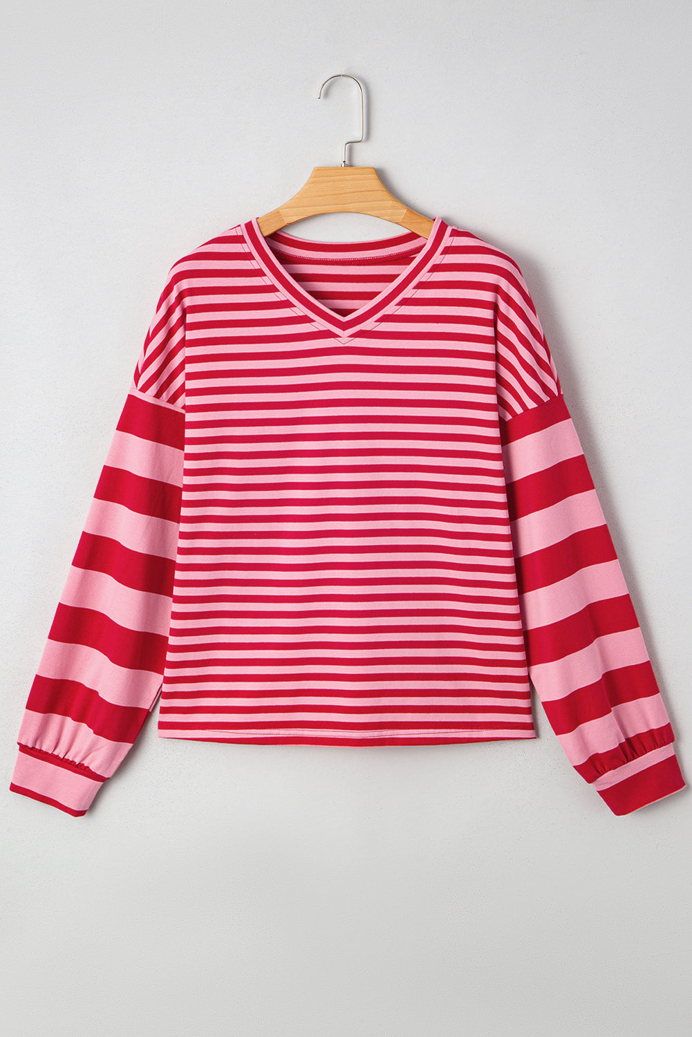 Strawberry Pink Mix Striped Drop Shoulder Patchwork Sleeve V Neck Pullover