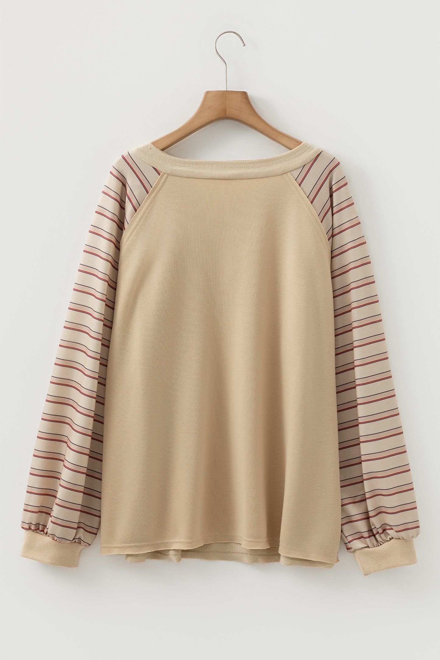 Parchment Striped Raglan Sleeve Notched Neck Raw Edge Plus Size Jumper