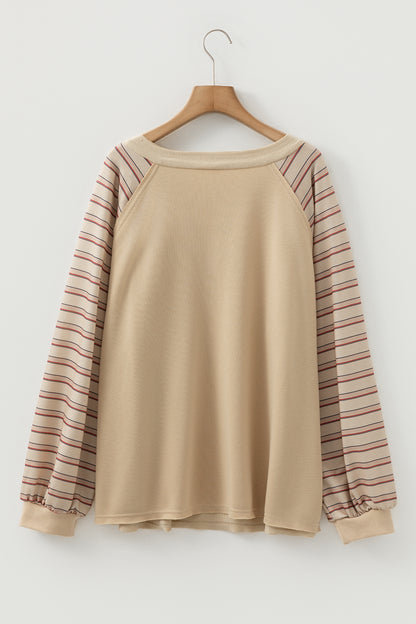 Parchment Striped Raglan Sleeve Notched Neck Raw Edge Plus Size Jumper