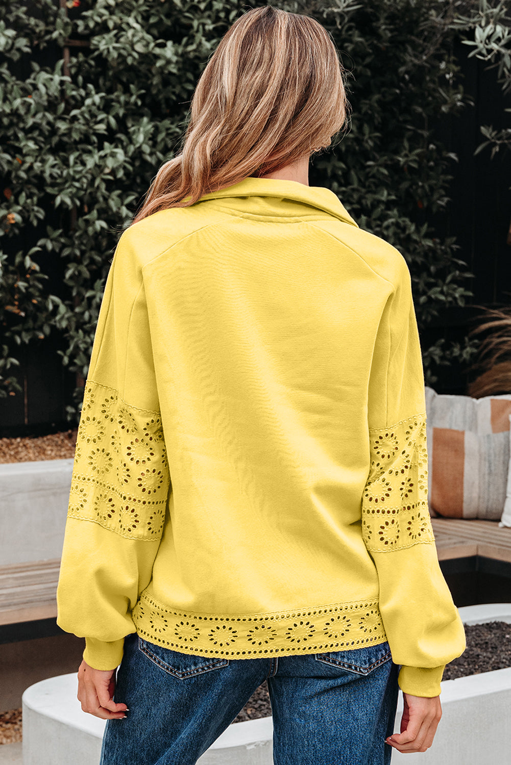 Yellow Cream Embroidered Flower Patchwork Snap Buttons Pullover Sweatshirt