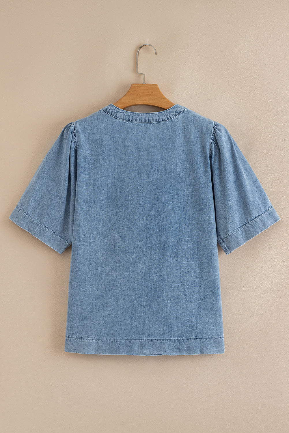 Myosotis Pintuck Pleats Puff Sleeve Split V Neck Summer Denim Top