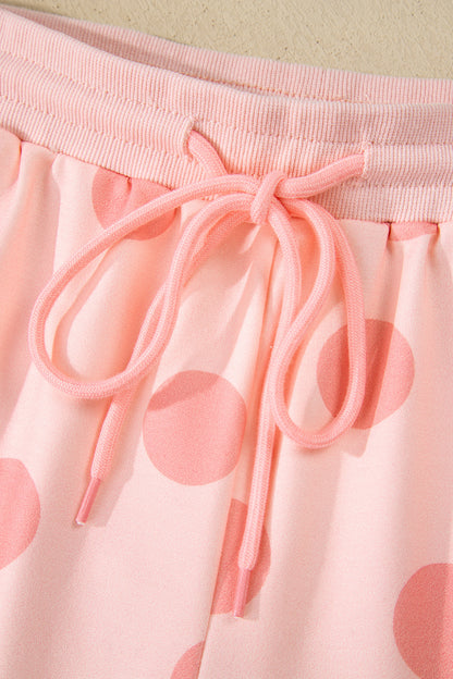 Beige Polka Dot Print Drop Shoulder Pullover Drawstring Shorts Set