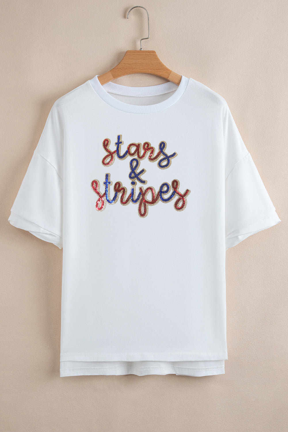 White Sequin stars & stripes Graphic Drop Shoulder Loose T Shirt