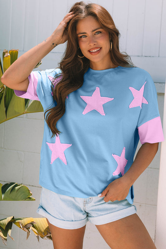 Myosotis Frayed Denim Star Patched Oversize T Shirt