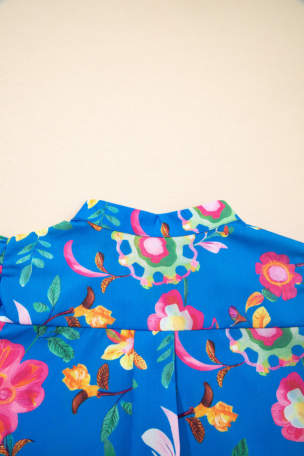 Blue Floral Short Puff Sleeve Button Up Shirt